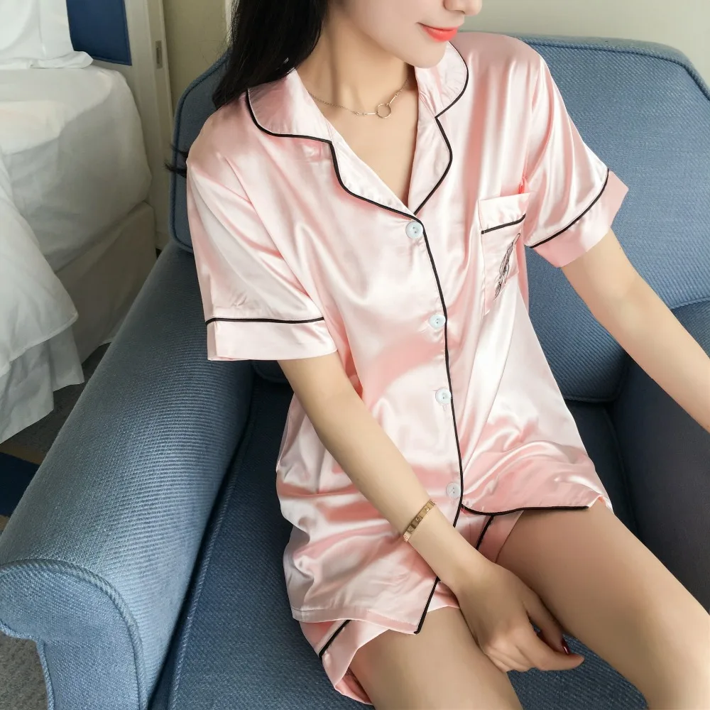 Летняя Пижама для женщин шелковая пижама с коротким рукавом и шорты комплект сна