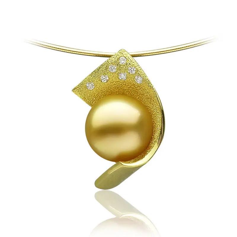 

Free Shipping Gorgeous AAA 10-11mm Deep Golden South Sea Pearl Diamond Pendant 18k Yellow Gold
