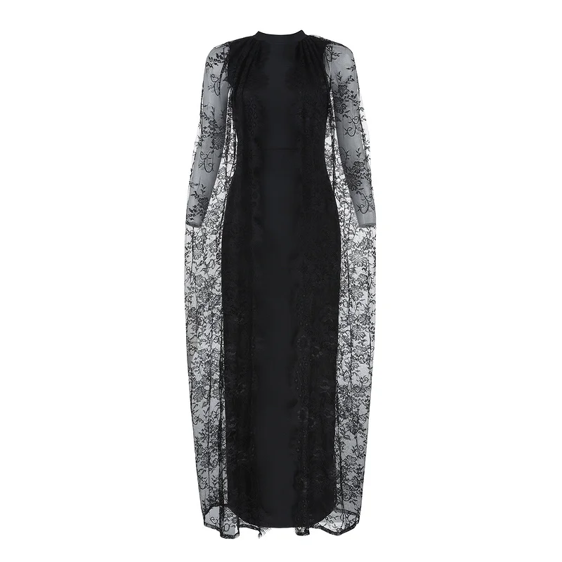 

Beateen 2019 New Fashion Black Lace Cloak Sleeve Bandage Gown Embroidery Sheath Bodycon Maxi Dress Elegant Women Party Vestidos