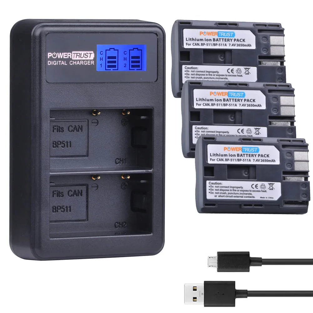 2 шт. 2650 мА/ч, BP-511 BP 511 BP511 BP511A Батарея+ ЖК-дисплей USB Dual Зарядное устройство для цифровой однообъективной зеркальной камеры Canon EOS 40D 300D 5D 20D 30D 50D - Цвет: 3 Battery Set