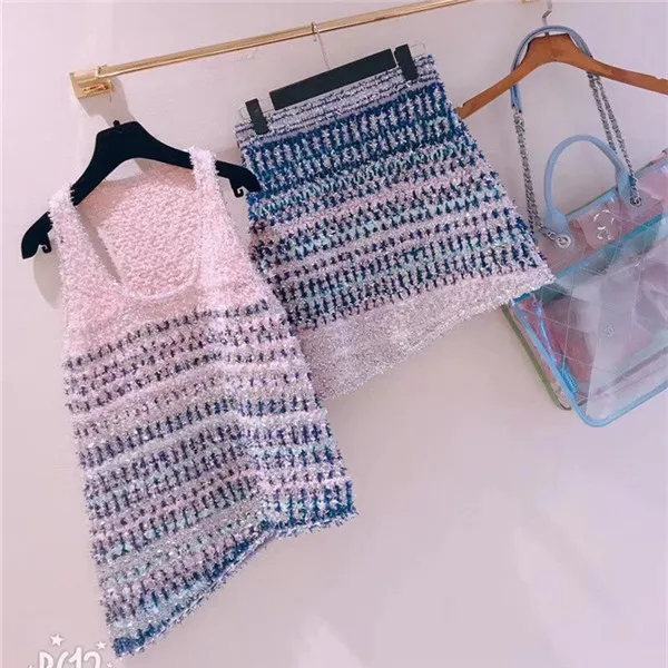 set Роскошный брендовый летний комплект из 2 предметов, юбка с блестками в полоску, Трикотажная майка и мини-юбка для подиума, высококачественный Асимметричный градиентный комплект - Цвет: set
