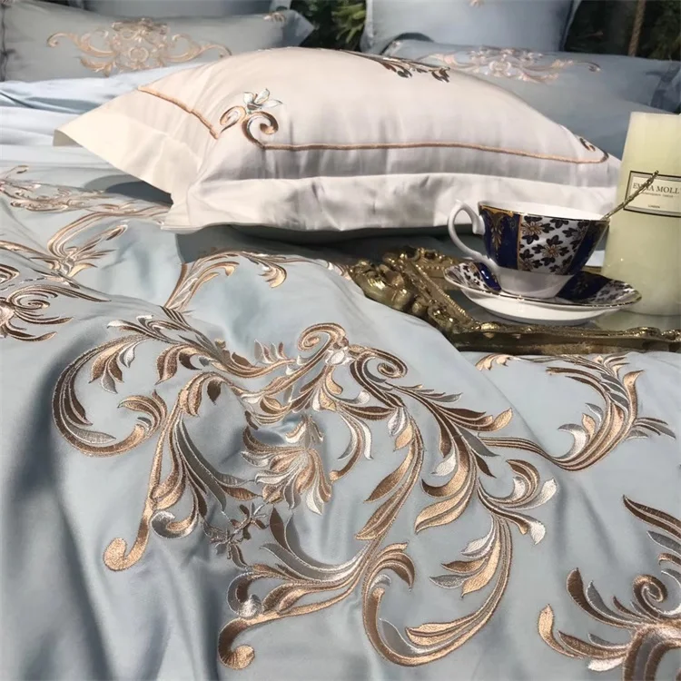 Синий 100S Египетский хлопок Роскошный Королевский Комплект постельного белья с