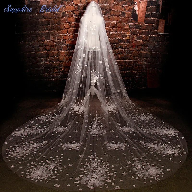 Сапфировая Свадебная длинная Роскошная Фата для невесты романтичная Цветочная