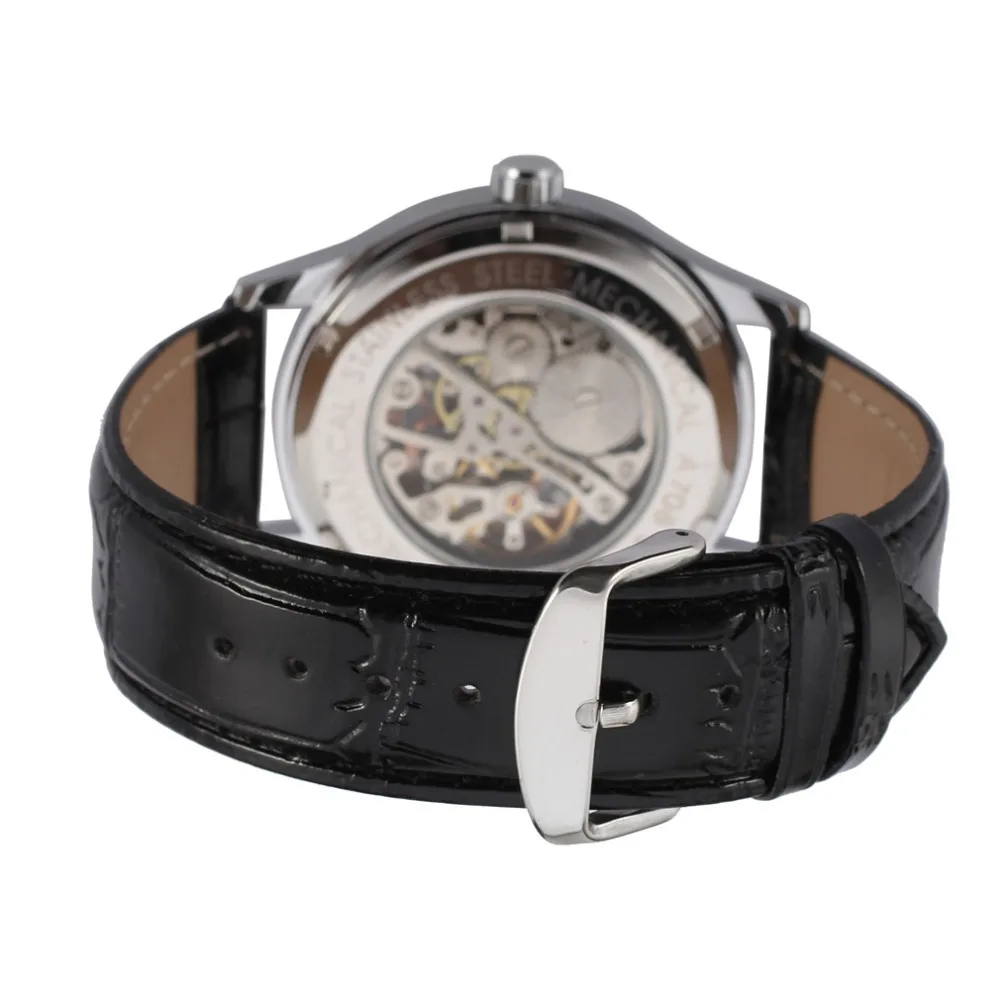 Корпус из сплава серебра Цвет черным циферблатом скелет ремешок натуральной