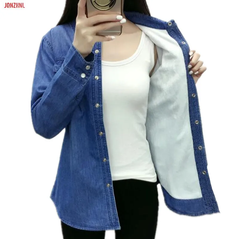 Winter long sleeve denim warm plus velvet shirt ladies casual solid color tops 2019 new wild Denim female AS819 | Женская одежда