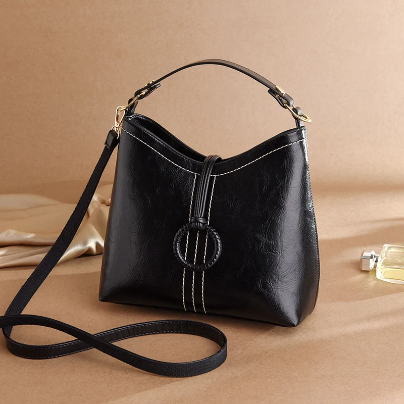 Черная кожаная сумка Ведерко для дам женская через плечо женщин 2019 Sac Seau Noir