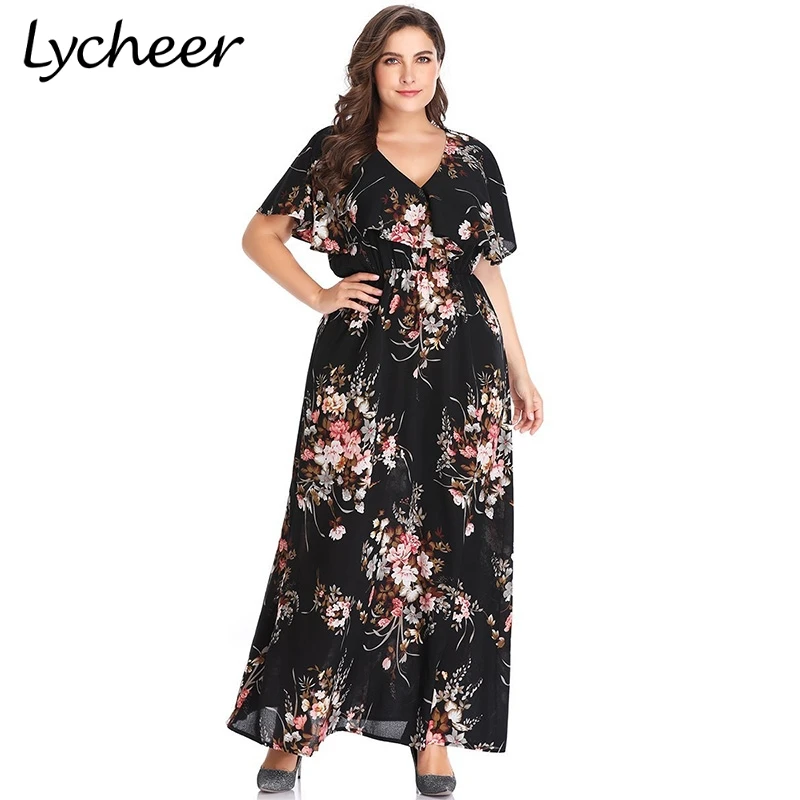 Женское длинное платье с цветочным принтом Lycheer летнее макси коротким рукавом и