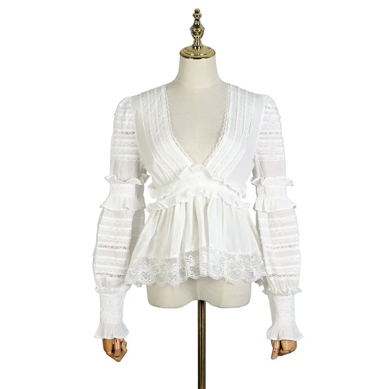 [MENKAY] кружевные Длинные Пышные Рукава сексуальные женские топы с глубоким v