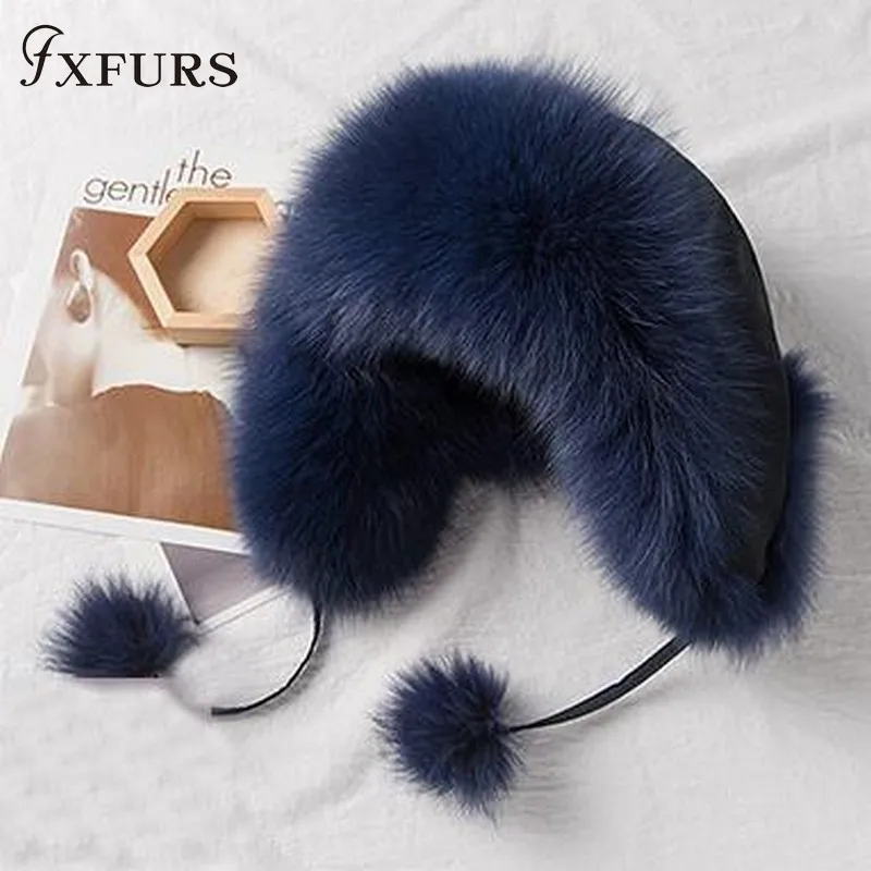 blue Шапки с натуральным лисьим мехом, зимние женские шапки из меха енота, шапка-бомбер, русская ушанка, шапка-Авиатор, шапка для катания на лыжах - Цвет: blue