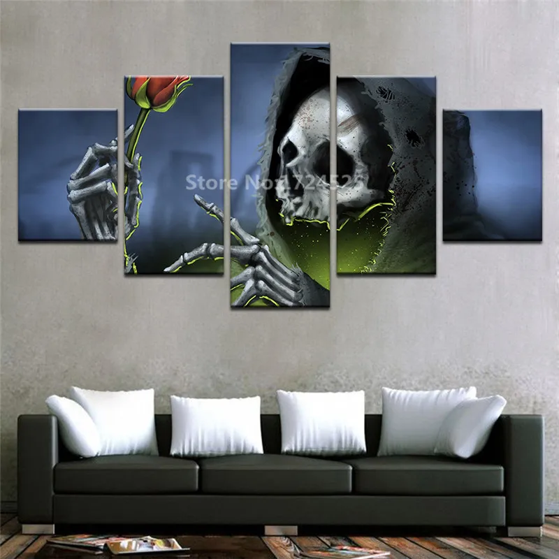 CLSTROSE Canvas Pictures Home Decor Wall Art 5 Pieces Black Hat Skull Red Rose Painting For Living Room On The | Дом и сад