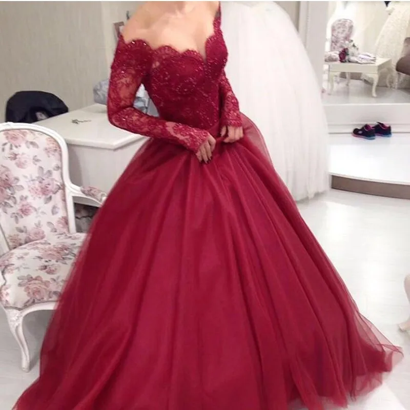 

Custom Made Lace Bodice Burgundy Wedding Dresses Sweetheart Long Sleeves High Quality Bride Dresses Vestido Robe De Mariage