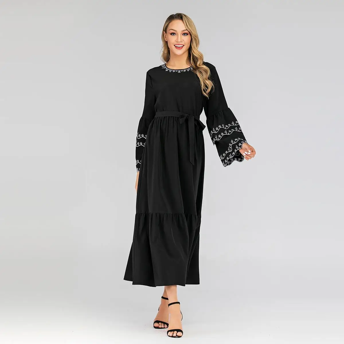Abaya Women Muslim Long Sleeve Maxi Dress Islamic Arab Loose Robes Lady Gown Ruffle Puff Draped Design O-neck Dubai | Тематическая