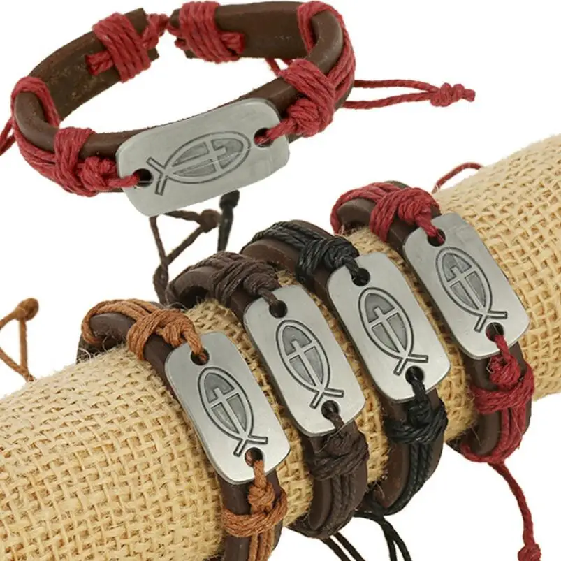 Винтажный Модный Черный Кожаный Браслет манжета с веревкой ретро крест Иисус