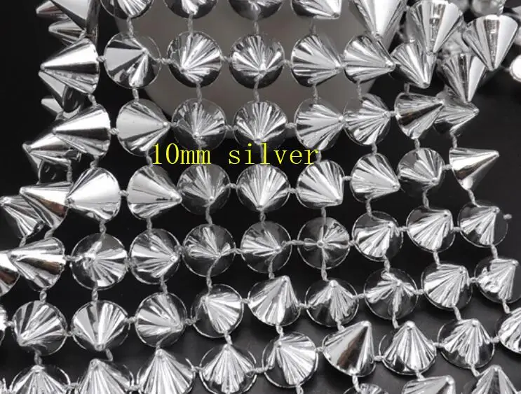 10mm spike silver 6/8/10 мм серебряного цвета, золотого цвета, черного цвета, бирка с пластиковой Спайк обрезки, конус этапа гвоздики дерево аксессуары 1 ярд/Лот, вино, DIY аксессуары в стиле панк - Цвет: 10mm spike silver