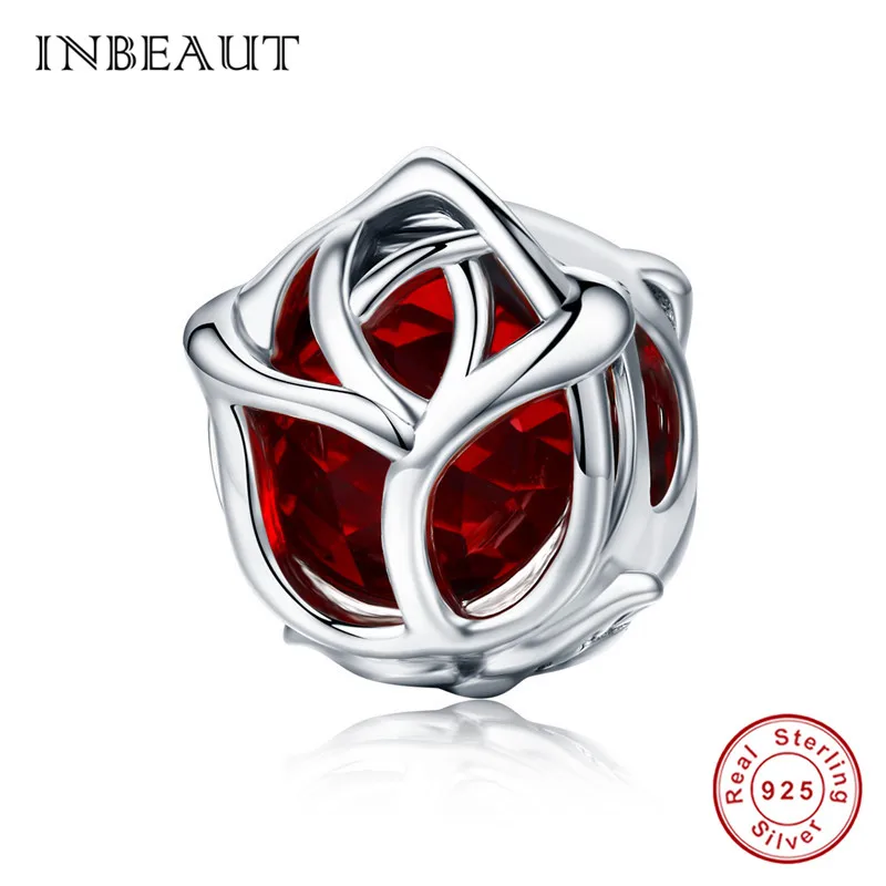 INBEAUT 925 пробы Серебряный Красный Китайский Персонаж Бог Лев Бусы для танца fit Pandora браслет роза Сердце Бабочка Подвески