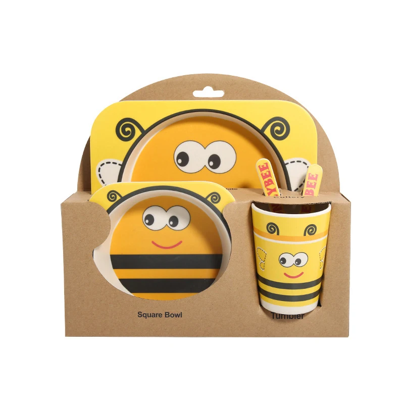 Yellow bee 5 шт./компл. мультфильм животных пластина+ галстук-бабочка+ вилка из овечьей шерсти+ стакан-столовая посуда набор для кормления качество бамбуковое волокно детские, для малышей контейнер посуда набор - Цвет: Yellow bee