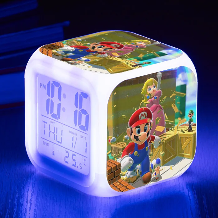 Игра Super Mario Bros 7 цветов светодиодный Будильник ночная красочная игрушка