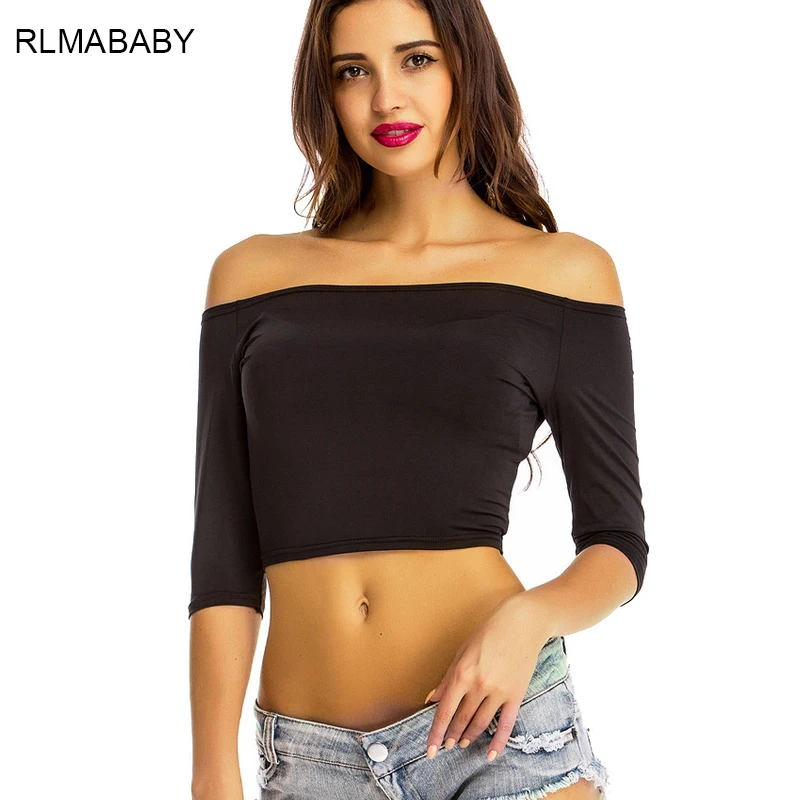 Rlmababy с плеча черный короткий Для женщин Блузка Сексуальная спинки три четверти