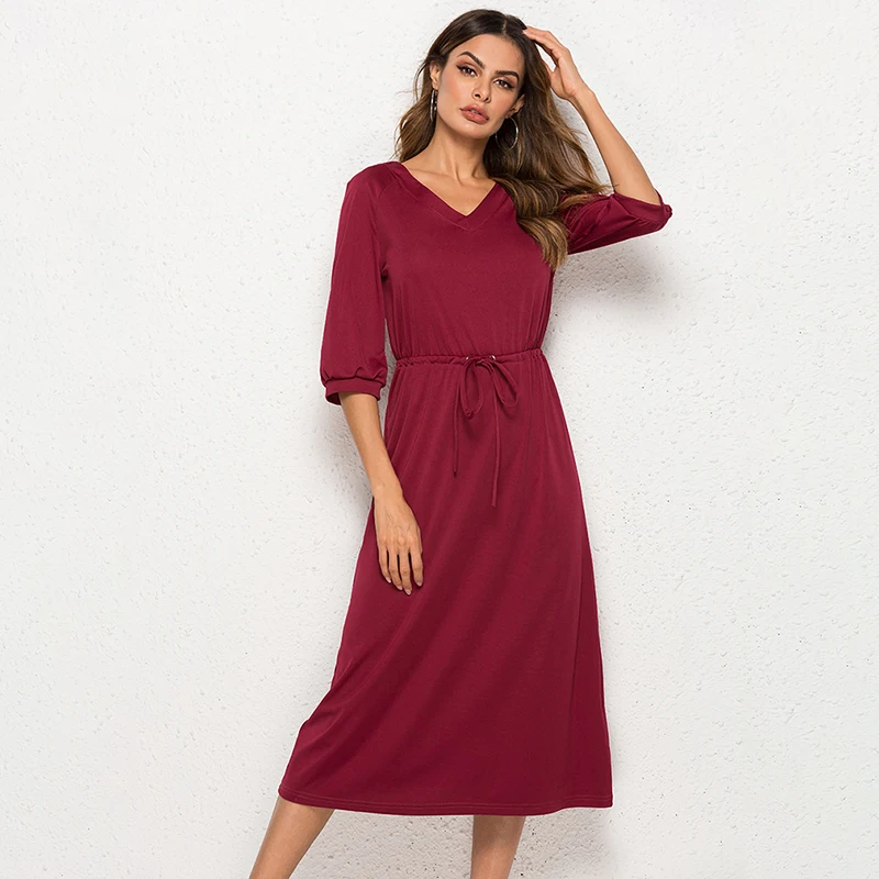 

Retro Lantern Sleeve Dress Women Soild V-neck Dress Fashion Sashes Mid Dresses Casual Femme Vestido