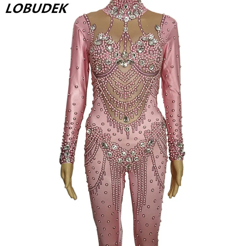 Sparkly Crystals Pearls Jumpsuit Pink Rhinestones Elastic Bodysuit Female Costume Birthday Party Outfit Bar Singer Stage outfit