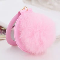 10pcs rex rabbit fur ball pom pom charm pendant keychains with mirror for lady girls handbag fashion accessories key rings xmas