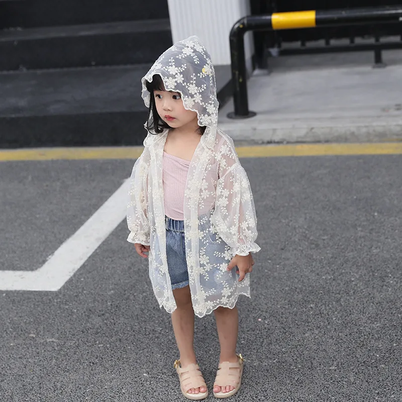Girls Thin Outerwear Hoody Fashion Clothes Summer Girl Lace Sun Protection Shirt 4 years White Blouse Cardigan Outwear For | Детская