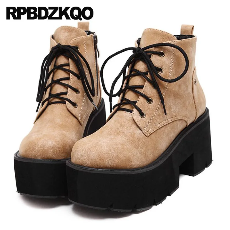 Harajuku Black Muffin Platform Flatform High Heel 2021 Side Zip Boots Booties Women Chunky Flat Brown Shoes European Lace Up | Обувь