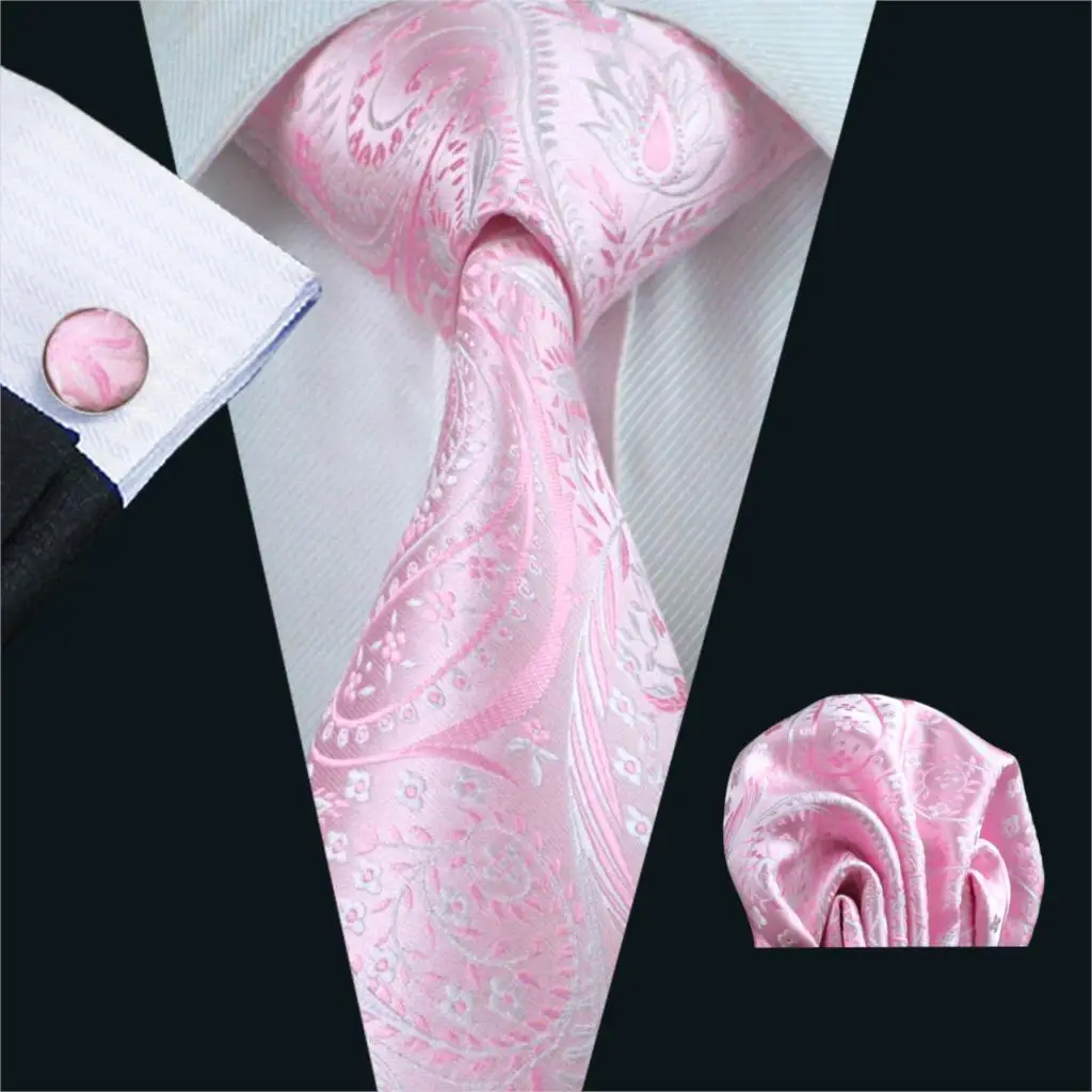 

FA-436 Gents Necktie Pink Paisley 100% Silk Jacquard Tie Hanky Cufflinks Set Business Wedding Party Ties For Men Free Shipping