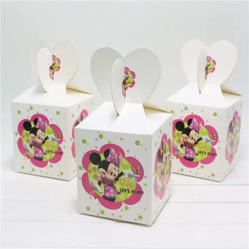 6pcs candy box Дети День рождения Минни Маус украшения набор вечерние принадлежности бумажный стаканчик, тарелка салфетки баннер/флаг шляпа соломенная коробка конфет - Color: 6pcs candy box
