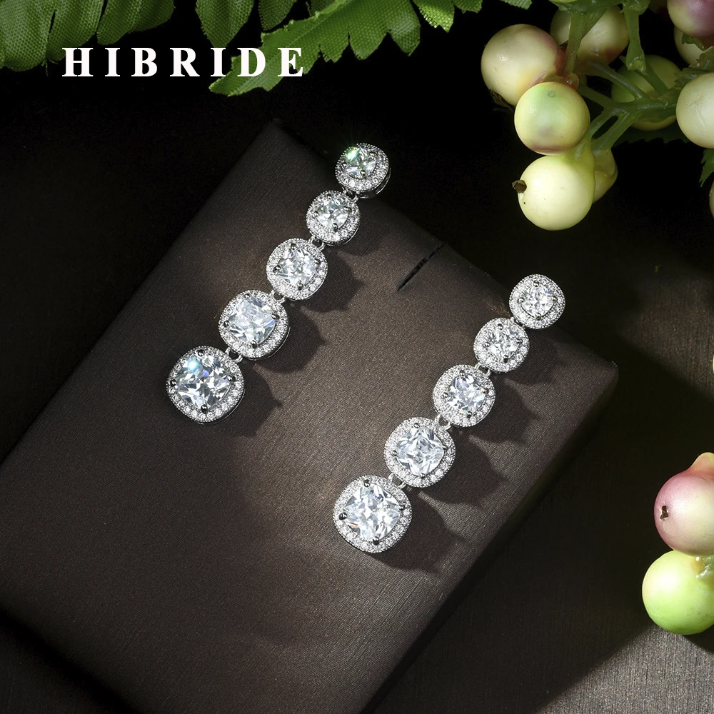 

HIBRIDE Brilliant Crystal Round Cut CZ Stone Clear Long Stud Earrings Women Bride Party Show Boucle D'oreille Jewelry E-467