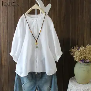 Женская Повседневная летняя Однотонная рубашка из хлопка и льна с рукавом 34, свободная рубашка на пуговицах, винтажная туника, женские топы