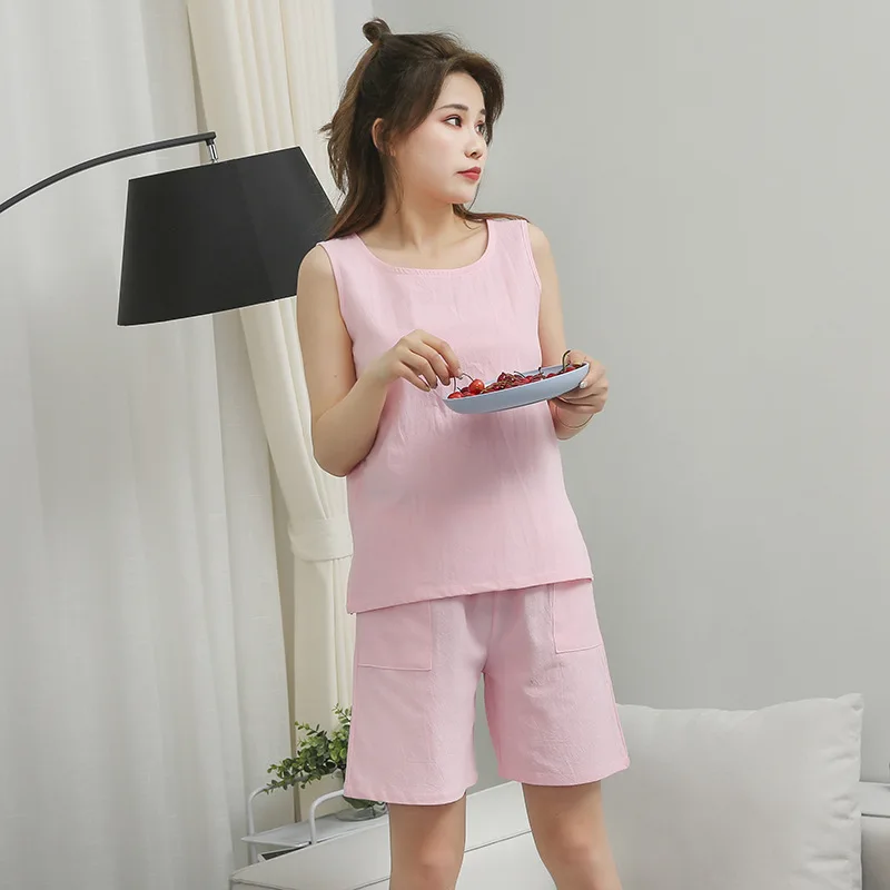 Женский хлопковый пижамный комплект с жилетом и шортами повседневный из льна