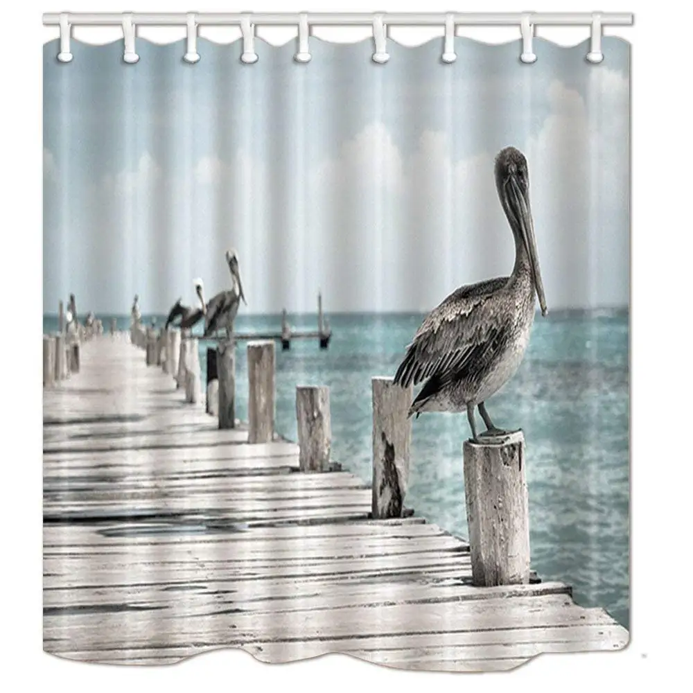 Декор птиц Pelicans on Wood of Bridge Over Sea Shower занавески из полиэстера украшения для