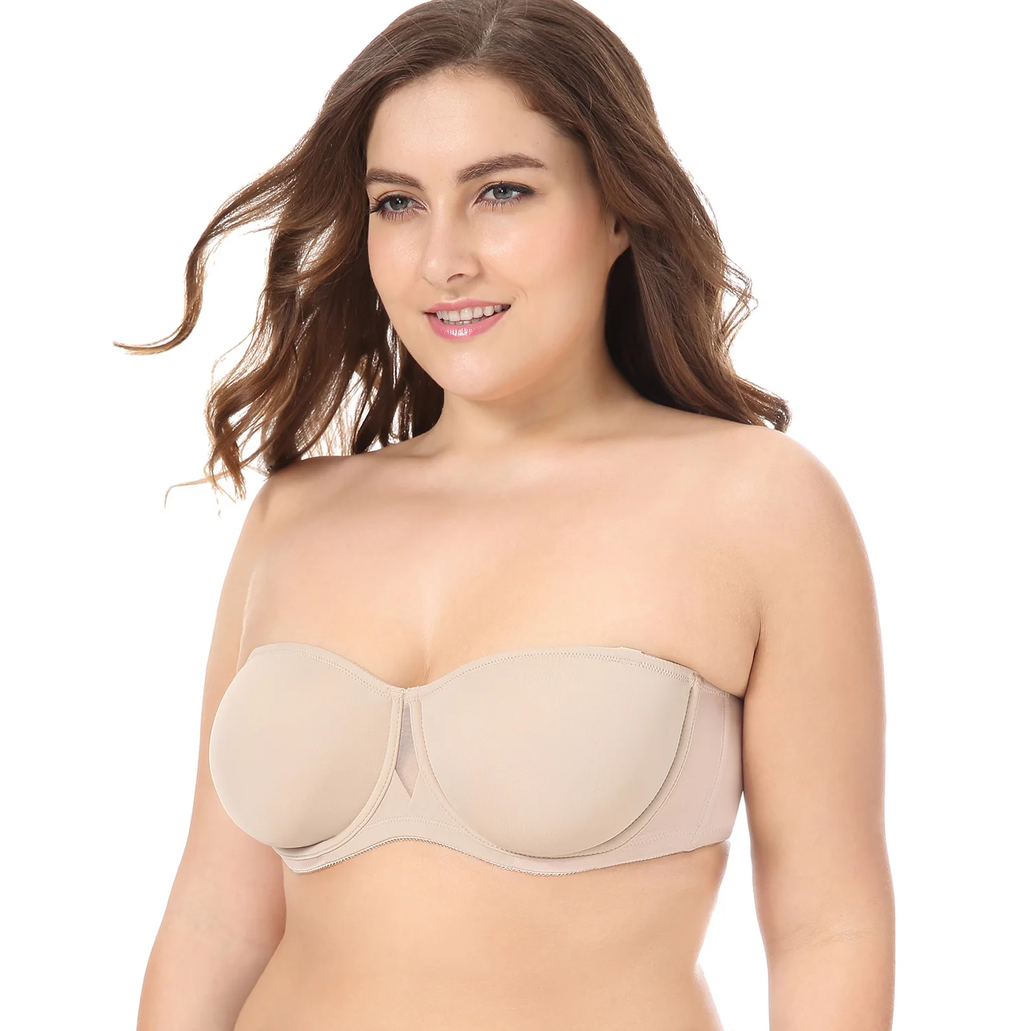 beige03 Женский многоходовой Гладкий бюстгальтер на косточках без бретелек размера плюс - Цвет: beige03
