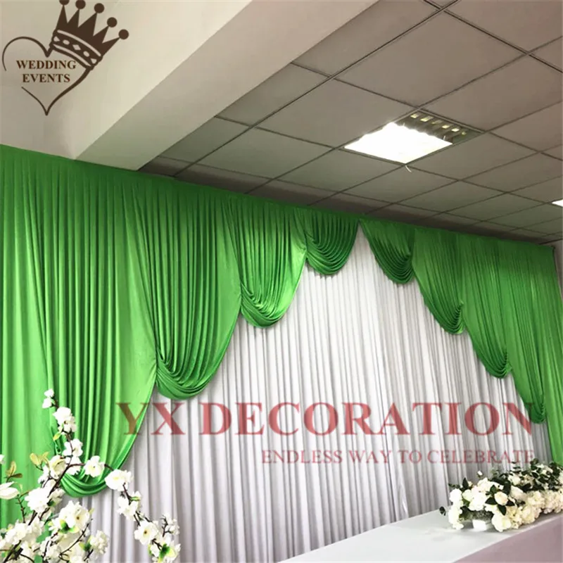 

3x6M White Ice Backdrop Curtain With Green Swag Drapery Valance Stage Background Wedding Event Party Decoration