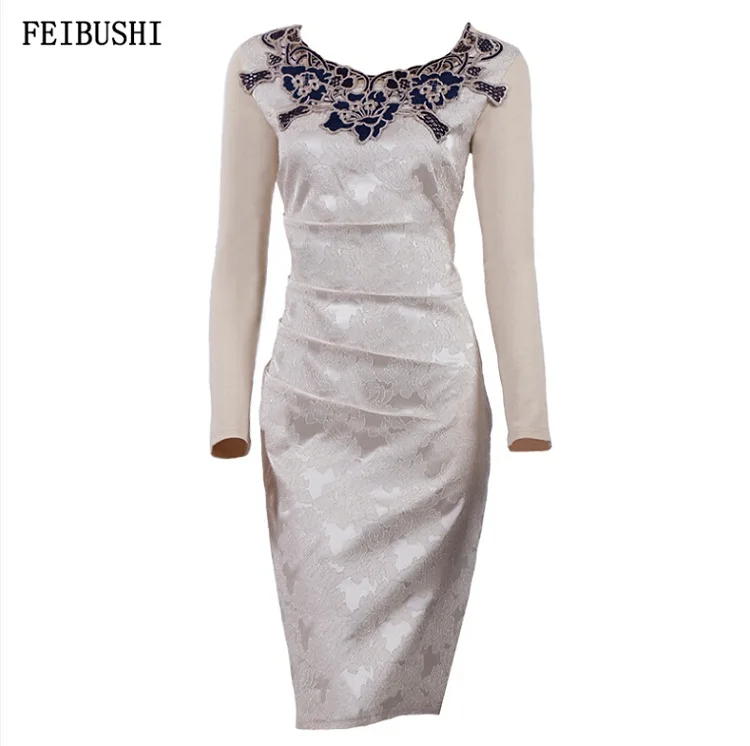 Kahki long sleeve FEIBUSHI прозрачное открытое цветочное кружевное платье для женщин с длинным рукавом для работы в деловом стиле, облегающее Повседневное платье для вечеринок - Цвет: Kahki long sleeve