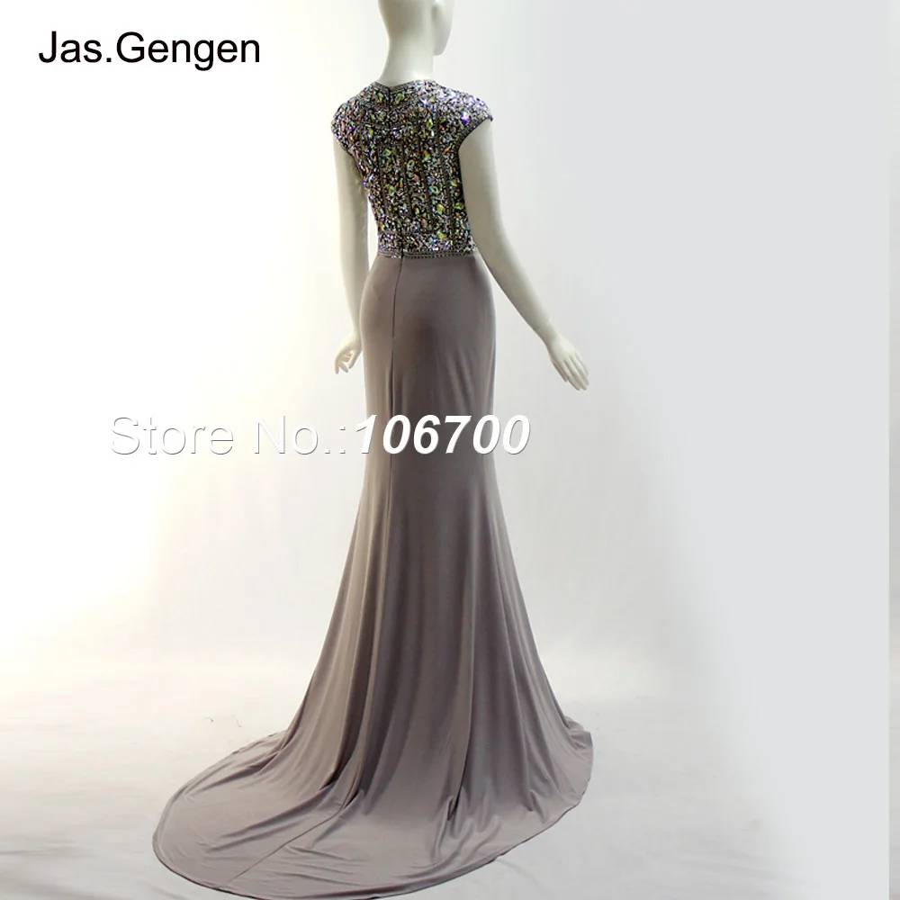 

2018 New Mermaid Long Prom Dresses Hand Made Crystal Beaded Cap Sleeve Side Split Black Gray Jersey Custom Evening Gown JB803