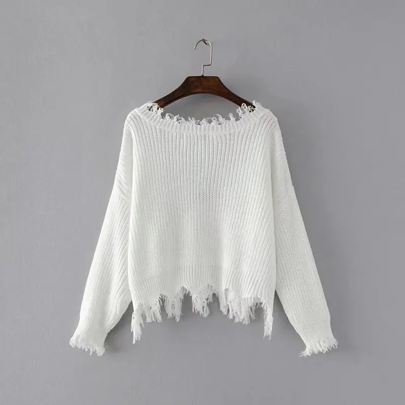 Женский трикотажный свитер с открытыми плечами черный однотонный Свободный