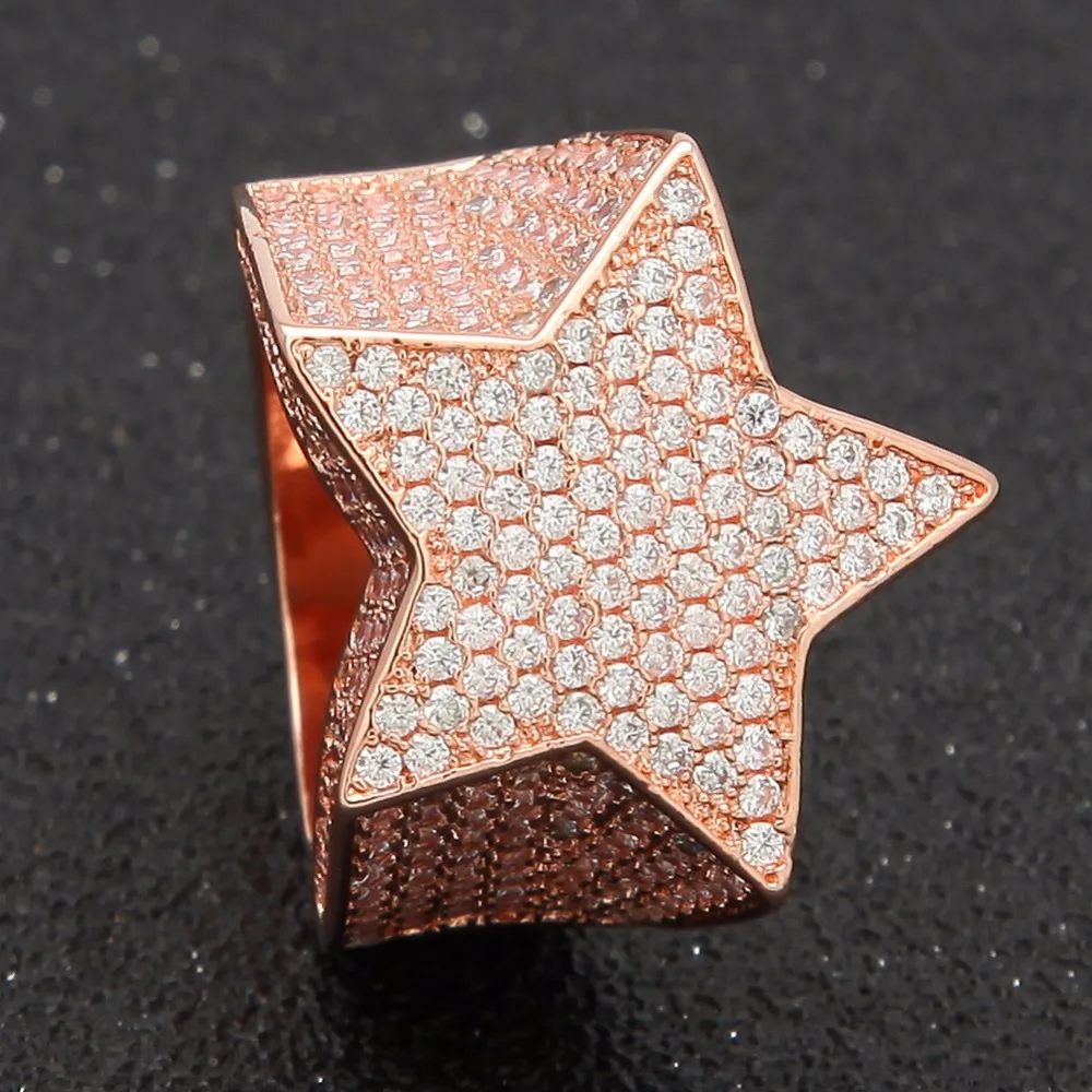 Хип-хоп AAA циркон проложили лед из Bling Star кольца серебро розовое золото кольцо с пентаграммой для мужчин и женщин ювелирные изделия подарок Прямая поставка размер 7-12