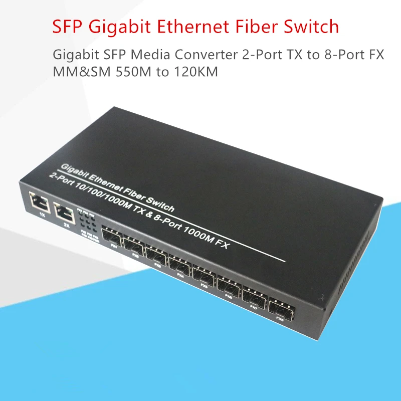 

SFP Fiber Ethernet Switch 8-Port SFP Slot to 2-Port TX RJ45 Gigabit Converter fibra optica Switch Fiber Optic Transceiver