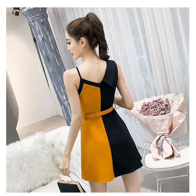 Vestiti Delle Donne Di Modo Spalle Sling Monopetto Irregolare Sexy Del Vestito Cinturino Nero giallo Splice Aderente | Женская одежда