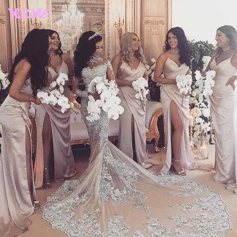 YQLNNE 2018 Luxury Gray Lace Mermaid Wedding Dress Bridal Gown High Neck Sweep Train Vestido De Noiva | Свадьбы и торжества