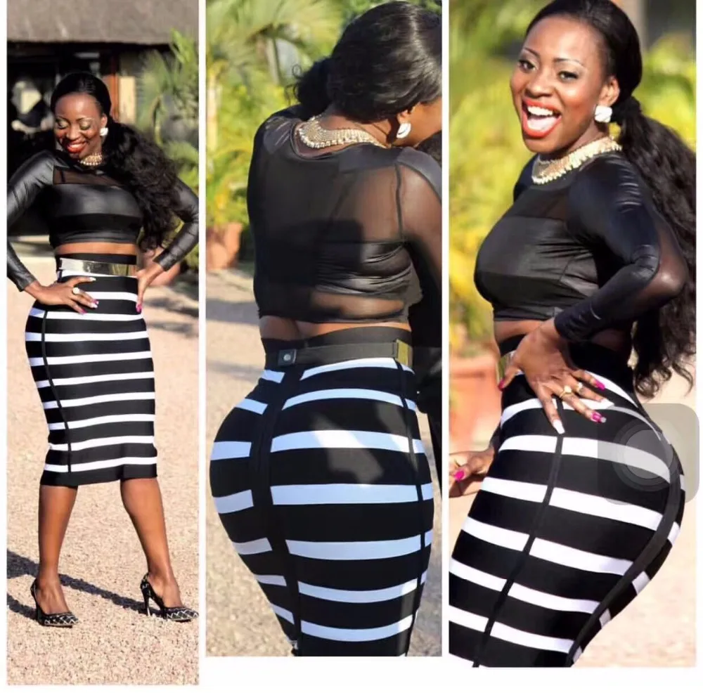 3 Colors Ladies HL Bandage Skirts Knee Length Sexy Bodycon Striped Club Night | Женская одежда