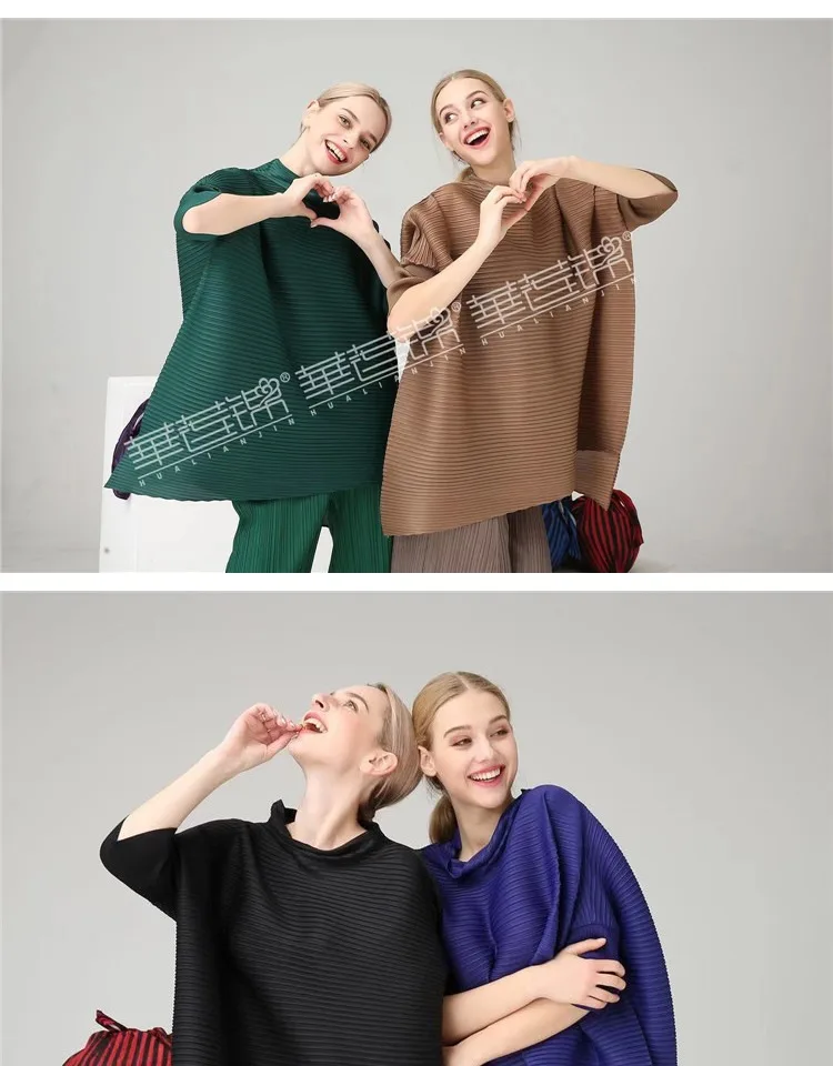 Changpleat Весенняя свободная Асимметричная Женская футболка Топы Miyak плиссированные модные футболки со стоячим воротником и рукавами летучая мышь большого размера