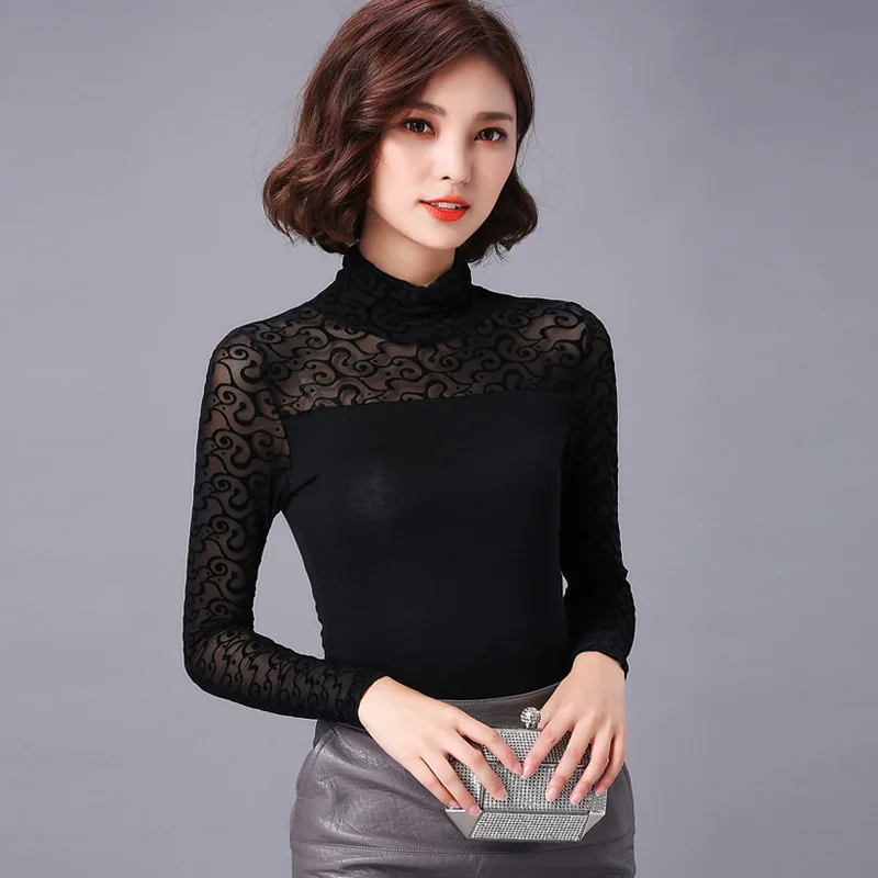 Большие размеры женская черная блузка Топы 2017 Осень Зима длинный рукав водолазка