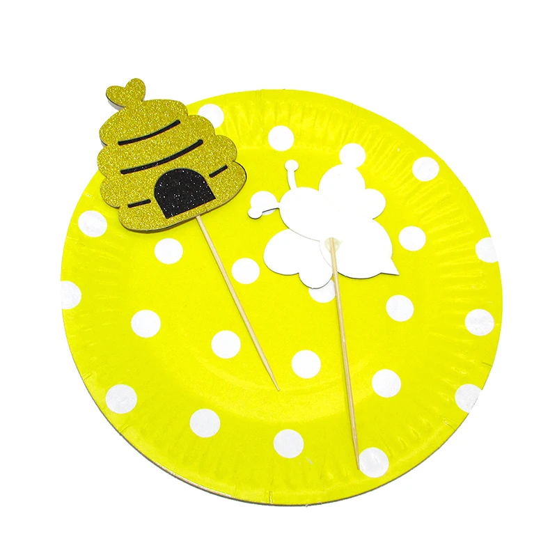 6 шт. мерцающие золотые и черные пчелы сотовые топперы для капкейков с палочкой