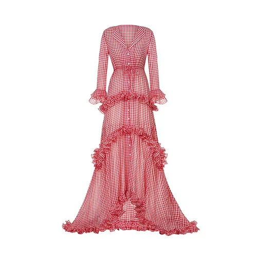 Red Gown Для женщин Вечеринка сезон: весна–лето рюшами Многоуровневая удлиненные сладкий Розовое платье ремень с лацканами Глубокий V шеи Макси платье красное платье в клетку - Цвет: Red Gown
