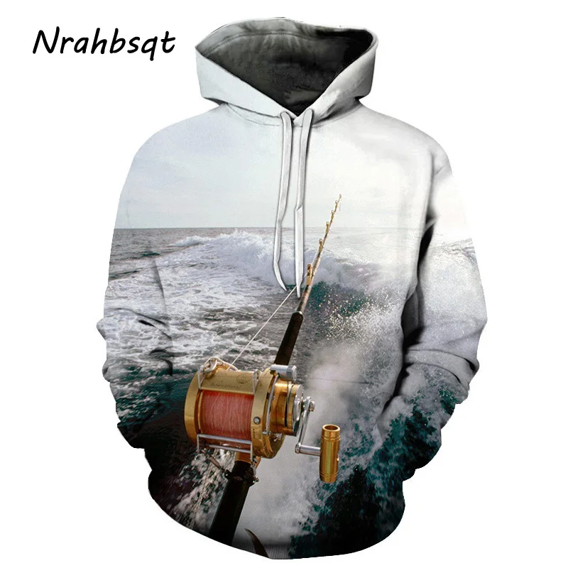 NRAHBSQT White Hoodie Fishing Rod Printing Loose Hooded Sweatshirt Fishing Clothes Men Long Sleeve Outdoor Sport Sweater FC015