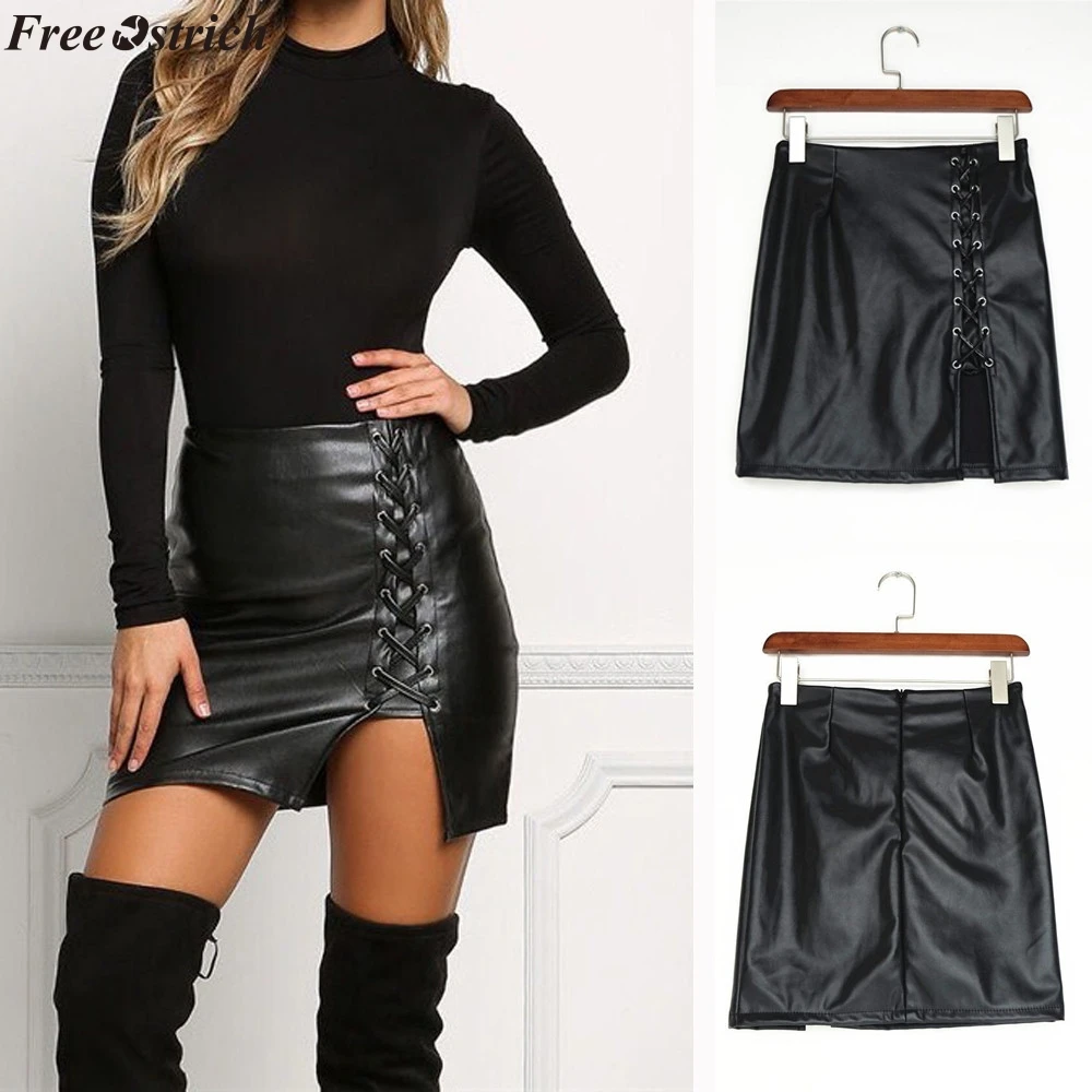 FREE OSTRICH Fashion Women's Sexy Solid Color Cross Strap High Waist Short Leather Skirt Skirt Faux Leather Mini Skirt