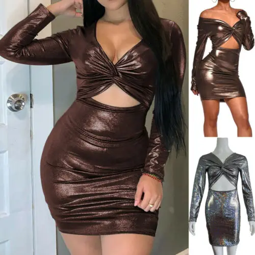 

2019 New Women Bronzing Laser Long Sleeve Bodycon V Neck Sexy Club Wear MIni Dress